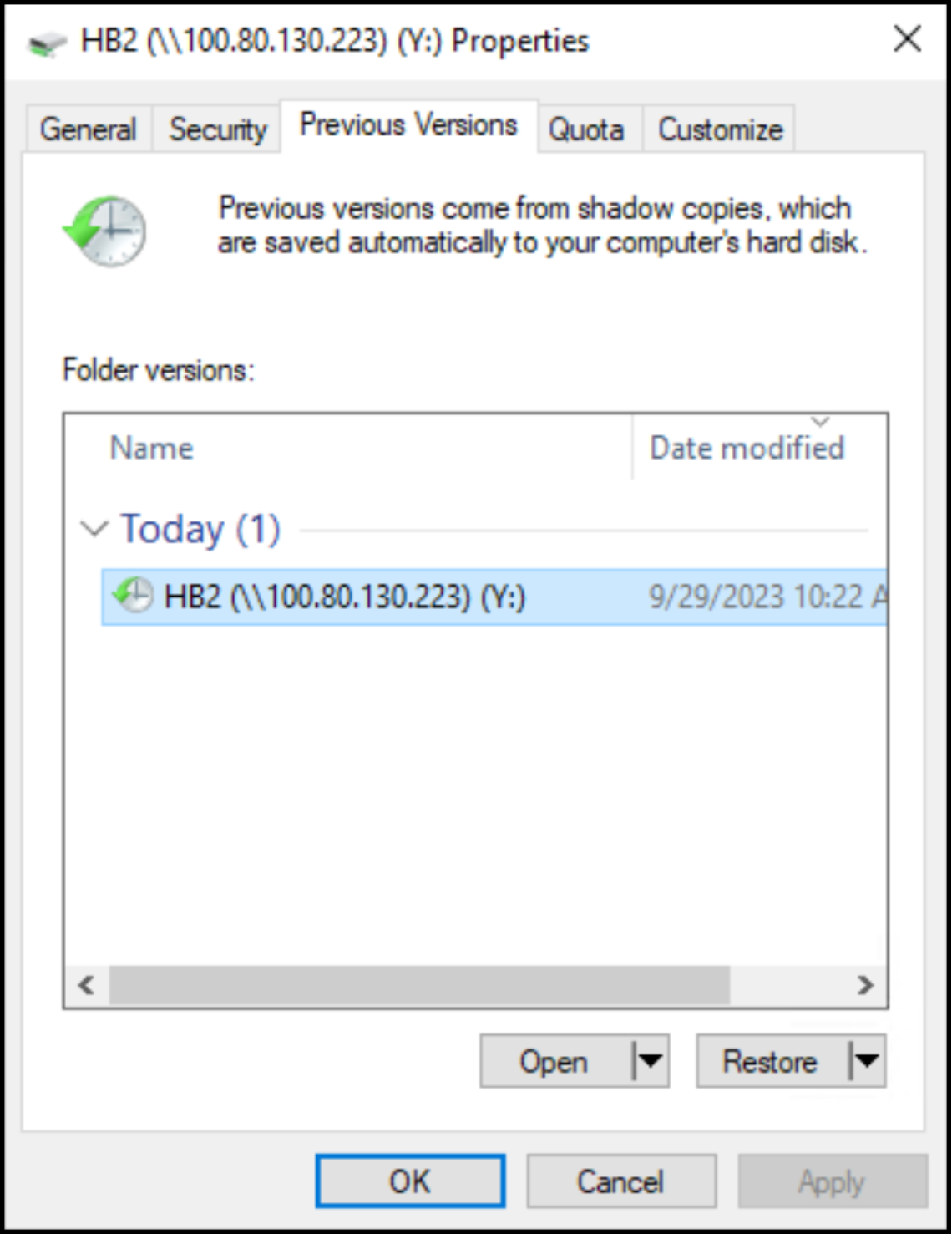 A screenshot showing snapshot access in an SMB share.
