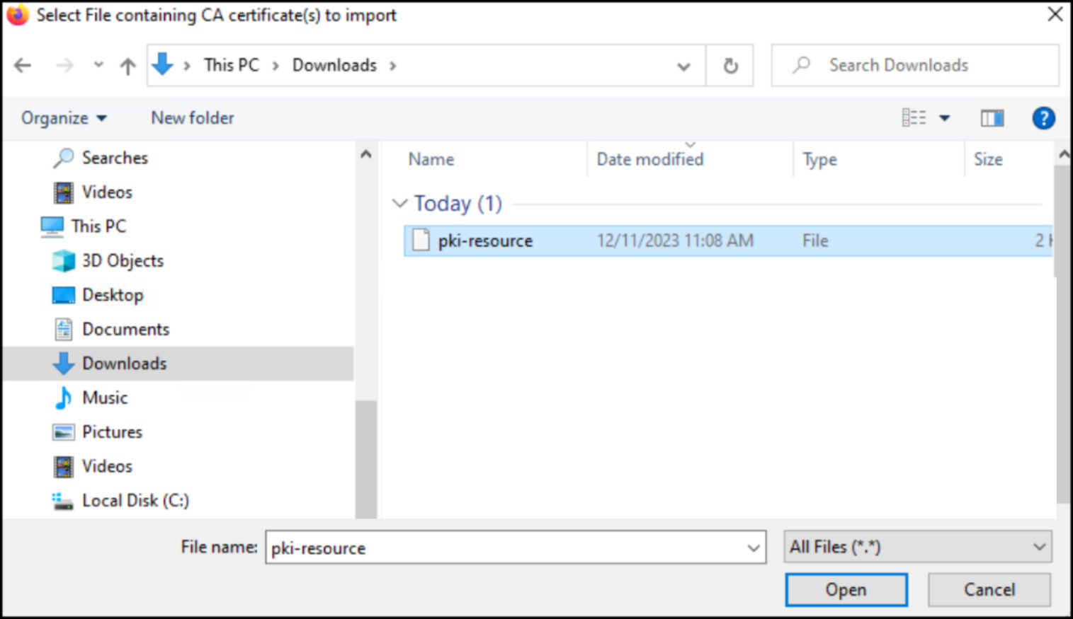 A screenshot showing how to import a certificate.