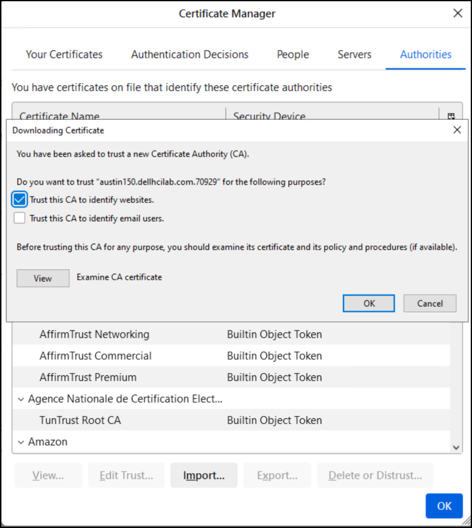 A screenshot showing the Browser Certificate Manager dialog box.