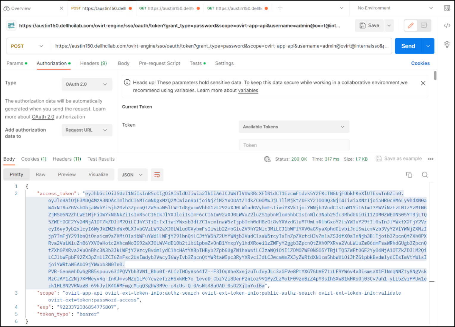 A screenshot showing how to obtain a bearer token for REST API calls.