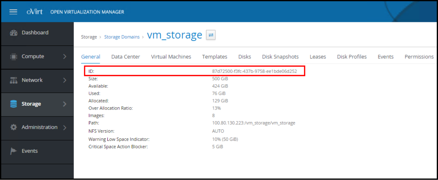 A screenshot showing where the ID of the storage domain listed on the OVM Storage page.