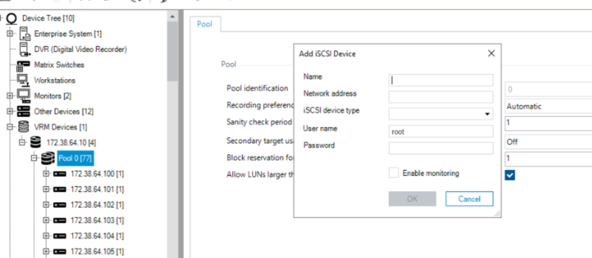 This image shows an example of the Add iSCSI Device screen for storage pools.