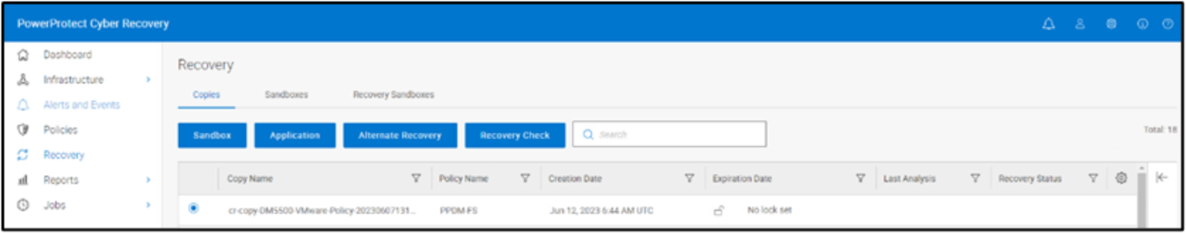 The image displays the activity of selecting a good copy for restore in Cyber Recovery UI.