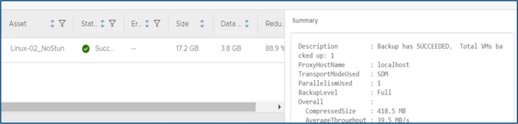 PowerProtect Data Manager Appliance GUI screenshot showing a successful Transparent Snapshots backup job
