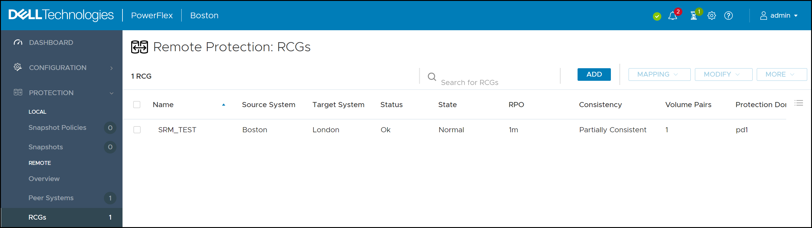 This screen capture shows the Remote Protection RCGs window with the Consistency column displaying Partially Consistent.