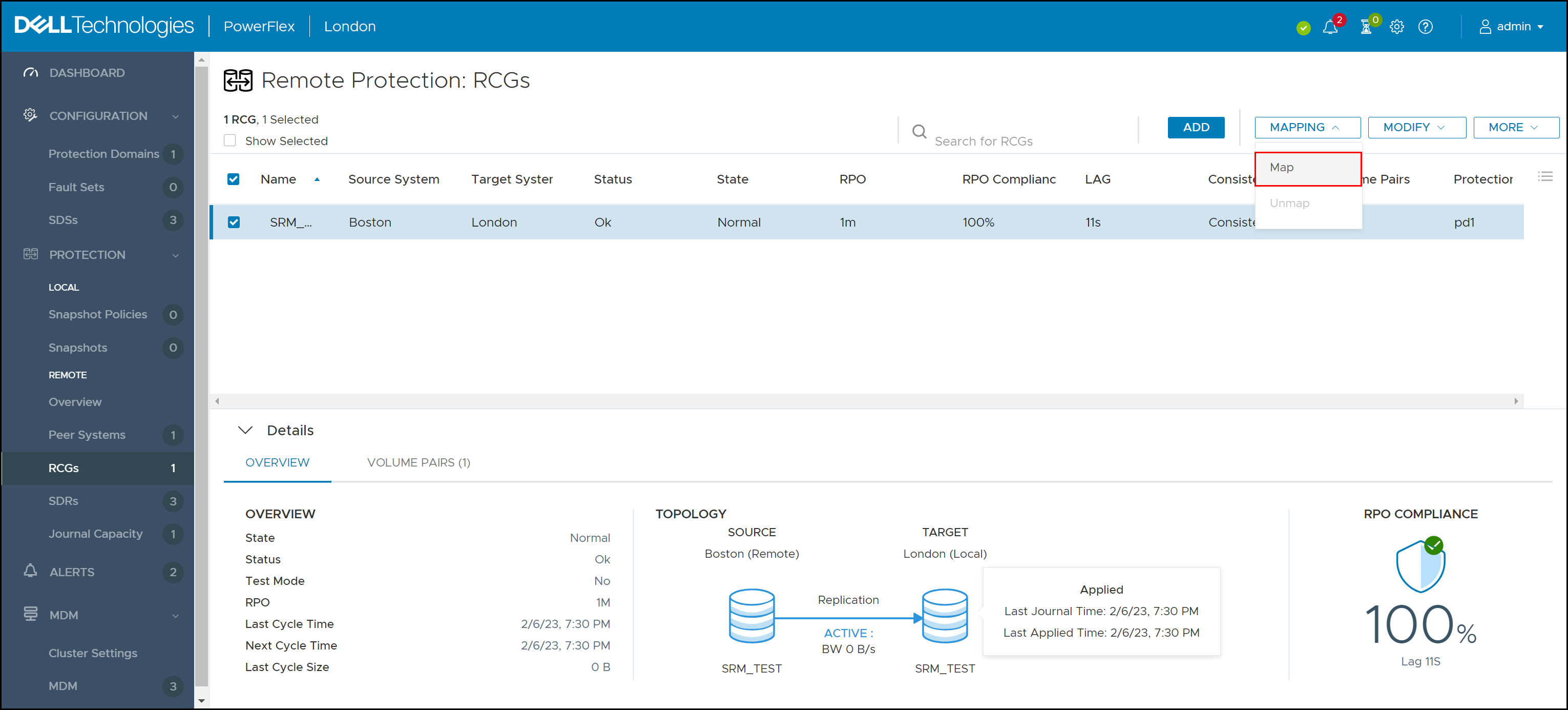 This screen capture shows the Remote Protection RCGs window with the Mapping drop down.