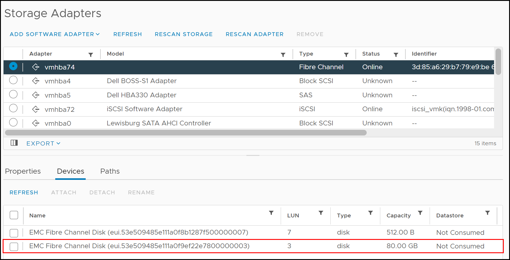 This screen capture shows the device appears in the ESXi host.