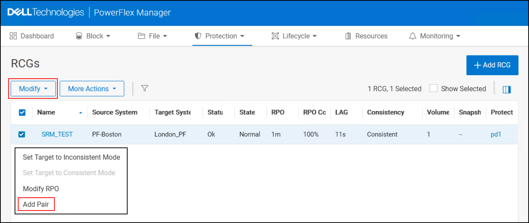 This image show a screen capture of Adding pairs to an existing RCG.