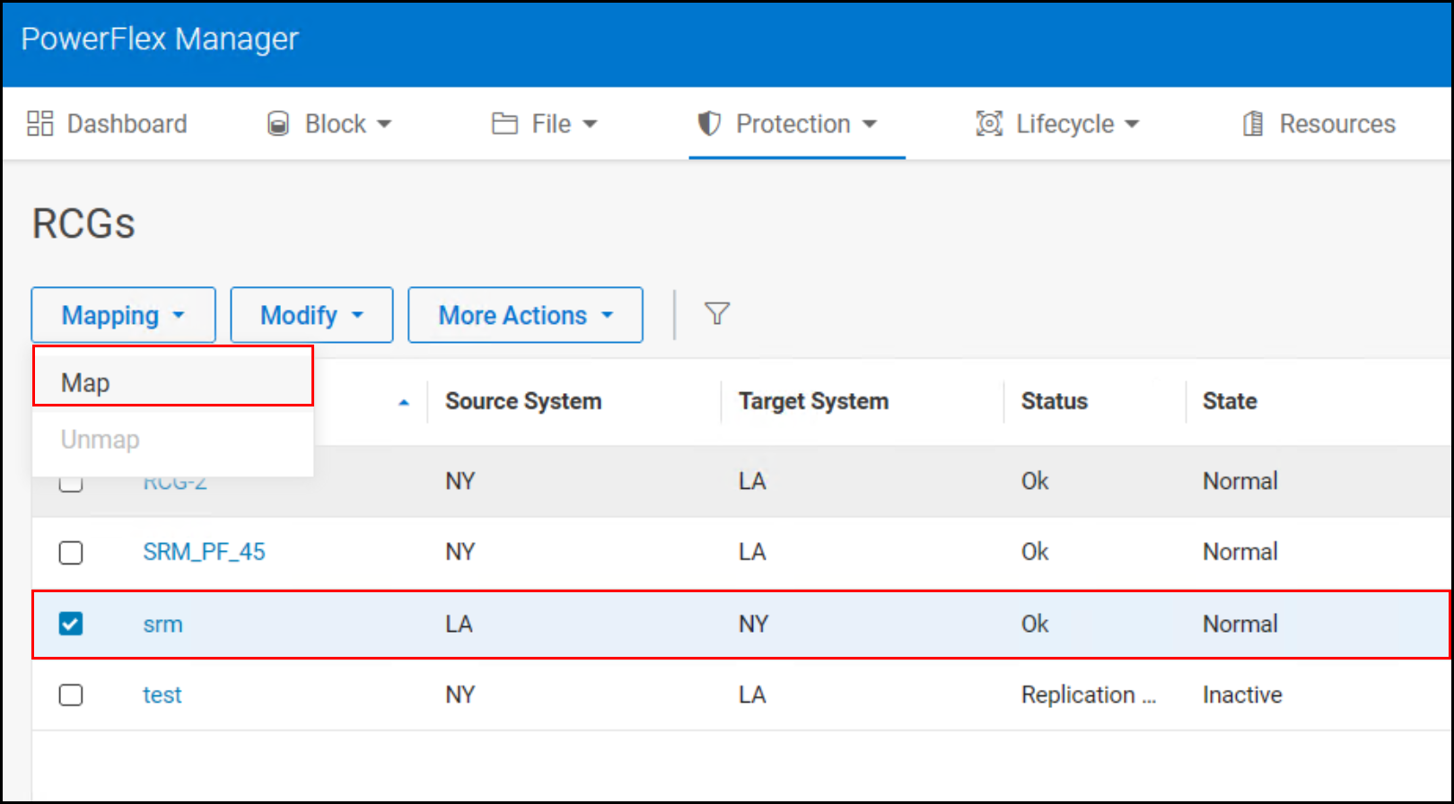 This image shows a screen capture of Mapping target volume read-only in PowerFlex 4.5 - Step 1.