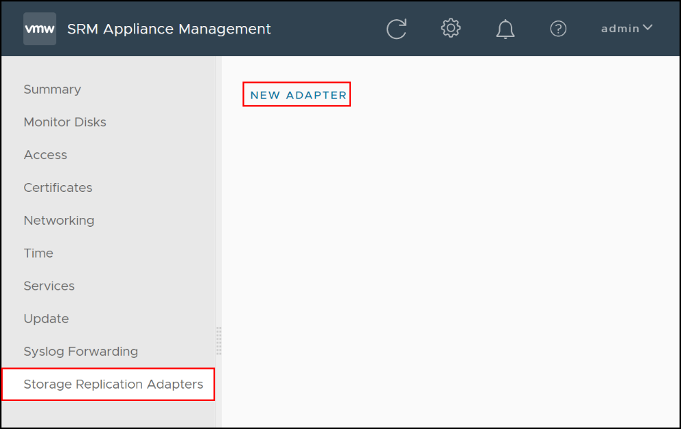 This image shows a screen capture of the SRM Storage Replication Adapters - New Adapter screen.