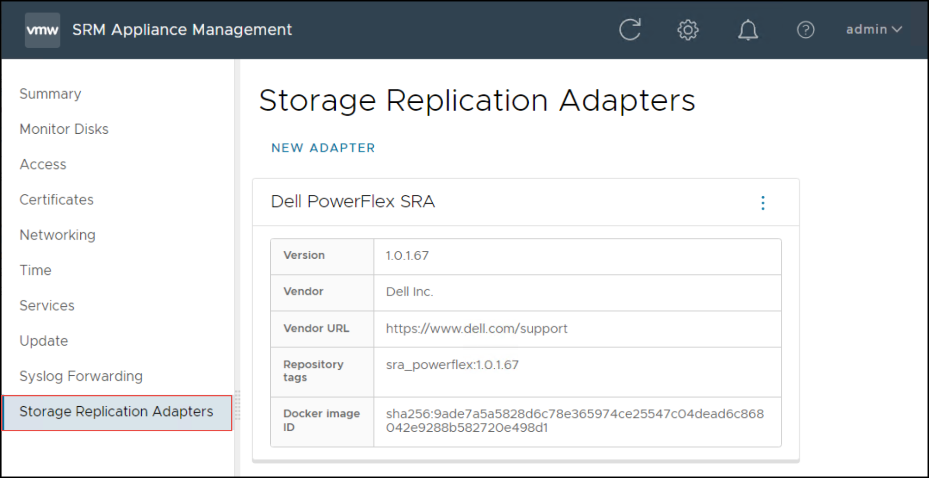 This image is a screen capture of the SRA screen in SRM Appliance Management.