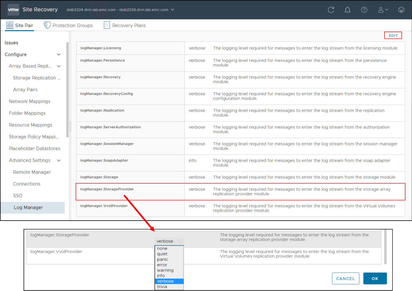 This image shows a screen capture of the Storage provider logging in SRM.