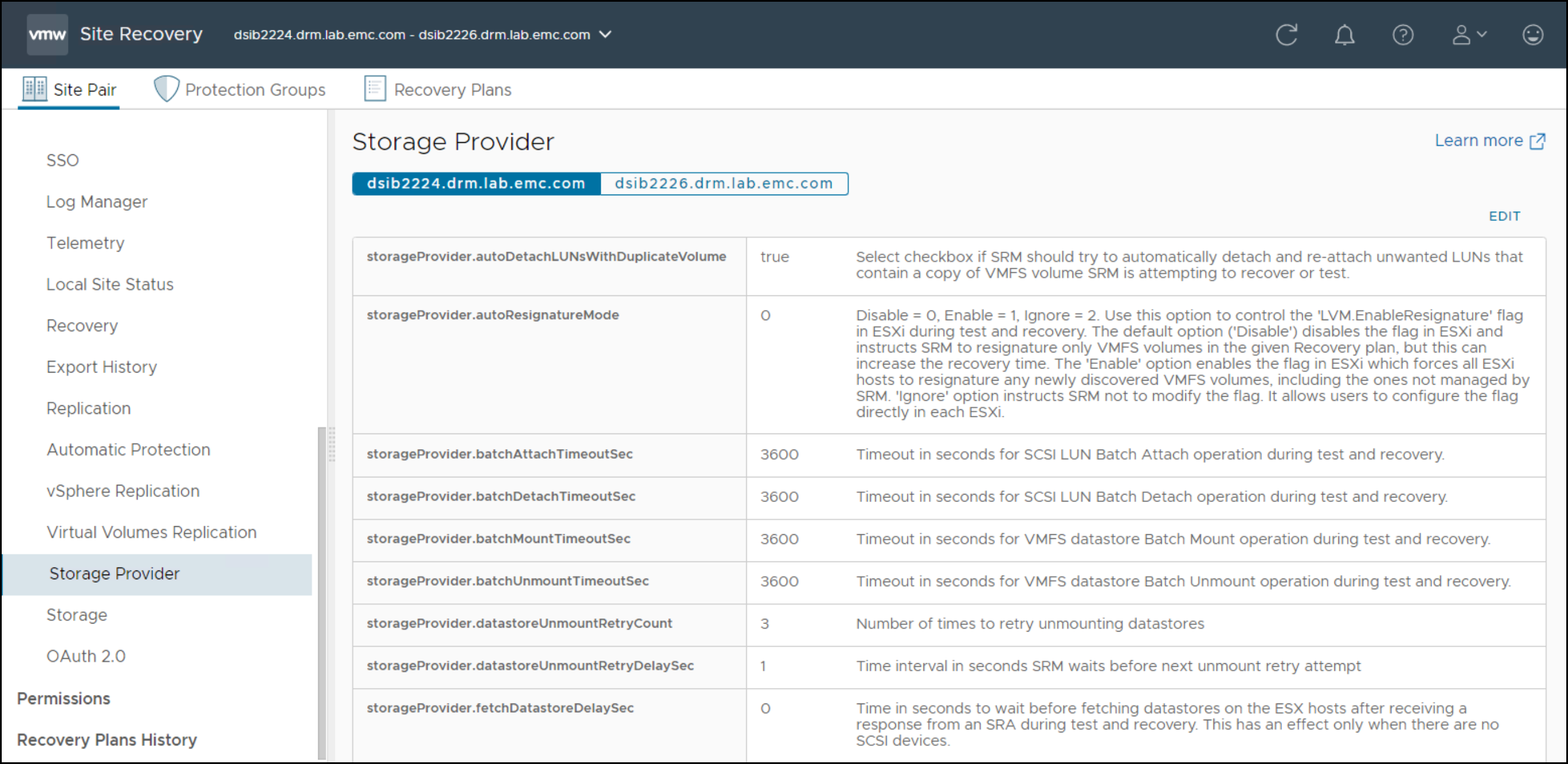 This image shows a screen capture of SRM Advanced Settings in the vSphere Client.