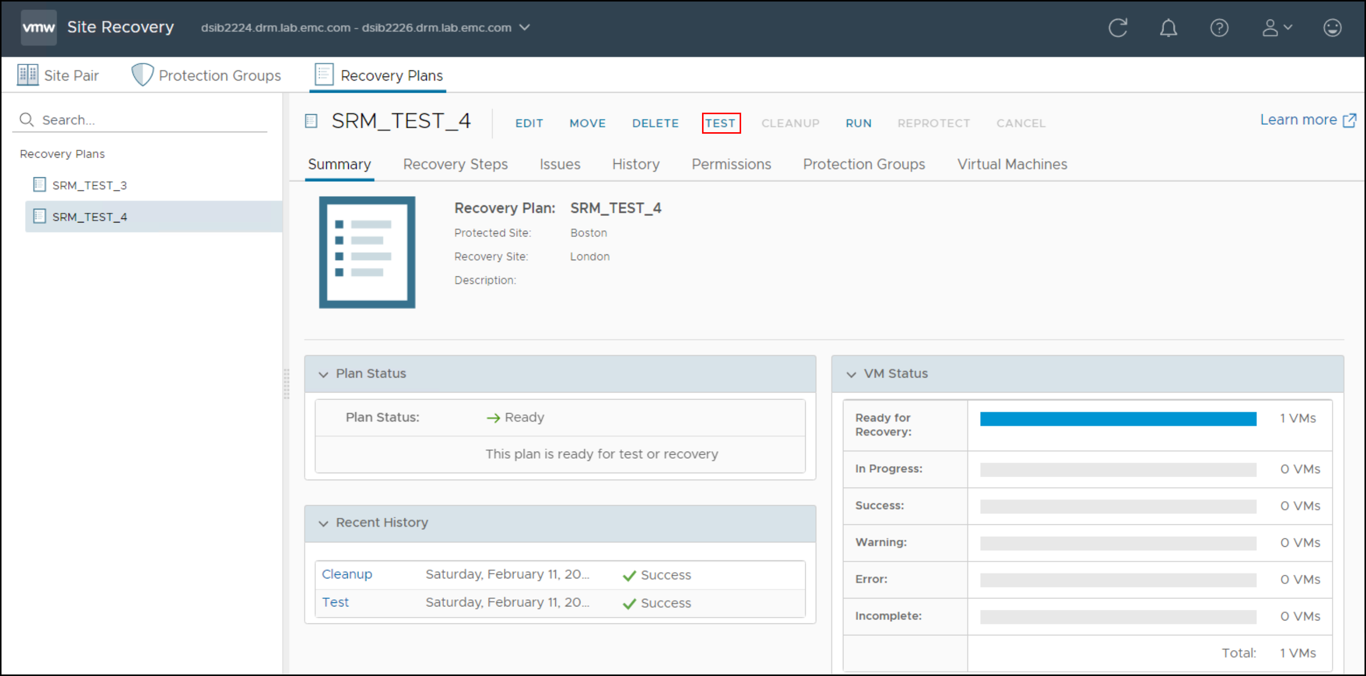 This image shows a screen capture of Initiating a recovery plan test failover operation in SRM - Step 1.