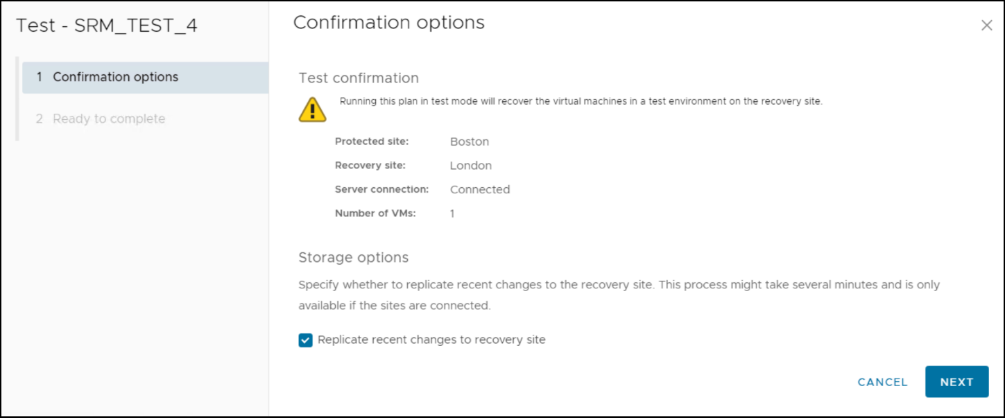 This image shows a screen capture of Initiating a recovery plan test failover operation in SRM - Step 2.