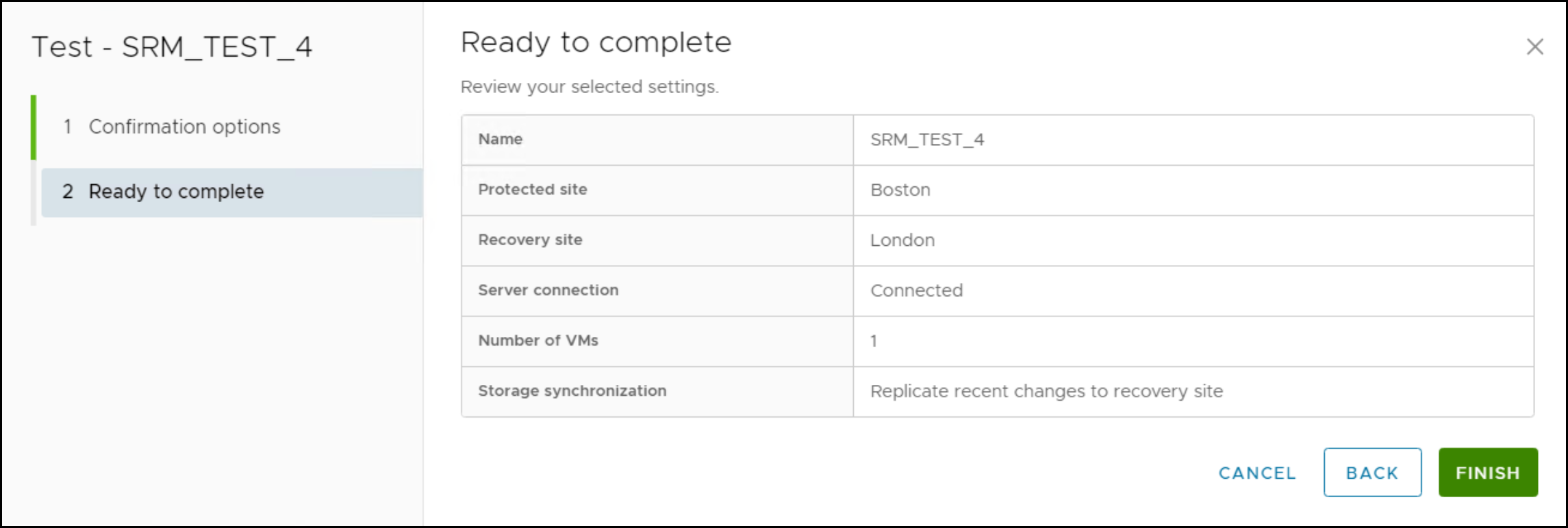 This image shows a screen capture of Initiating a recovery plan test failover operation in SRM - Step 3.