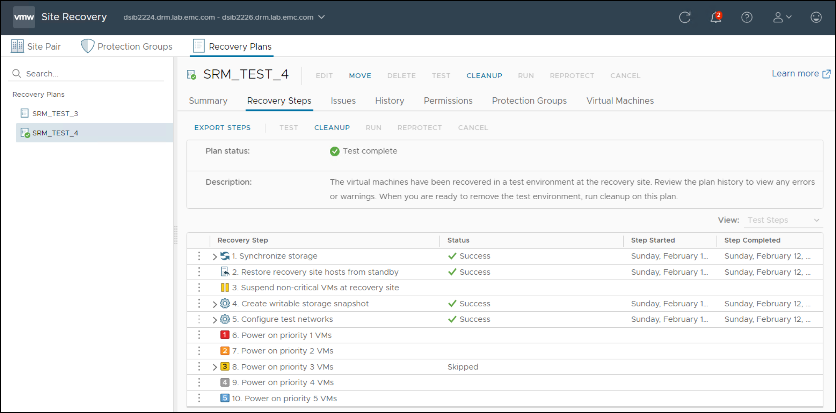 This image shows a screen capture of the Completed test recovery plan in SRM.