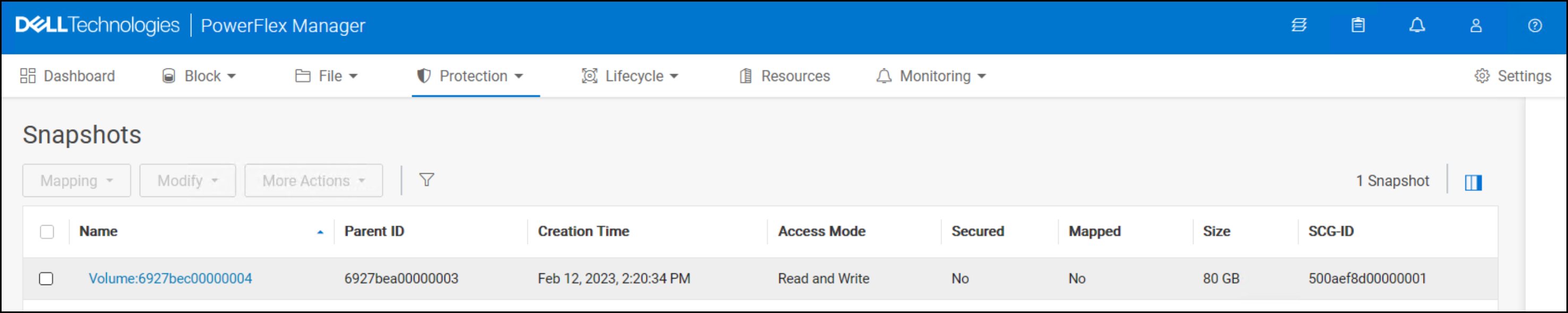 This image shows a screen capture of the PowerFlex snapshot for SRM test failover.