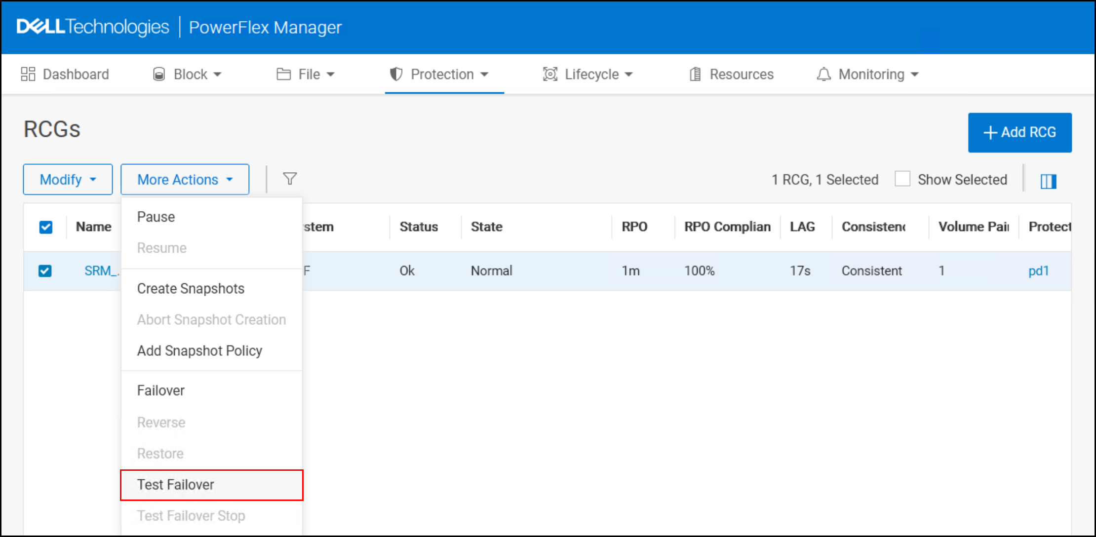 This image shows a screen capture of Test Failover in PowerFlex UI.