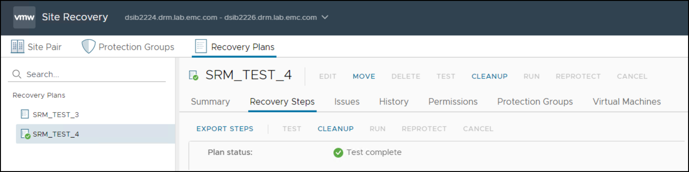 This image shows a screen capture of Recovery plan in Test complete status after successful test failover.