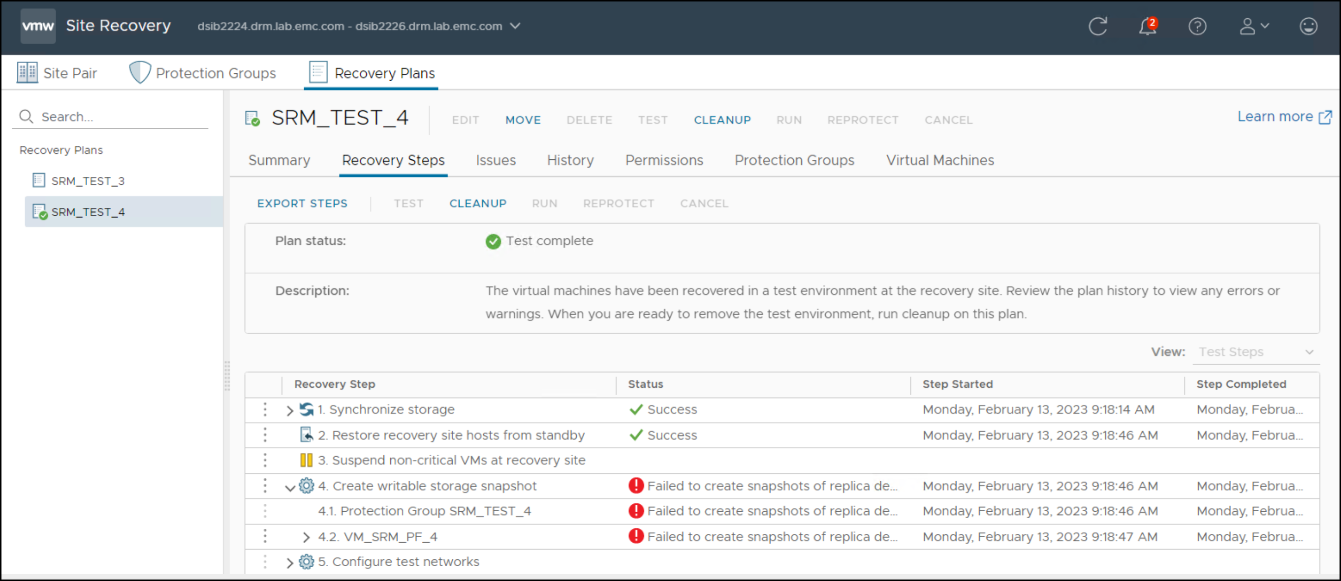 This image shows a screen capture of Recovery plan with failure, but test complete.