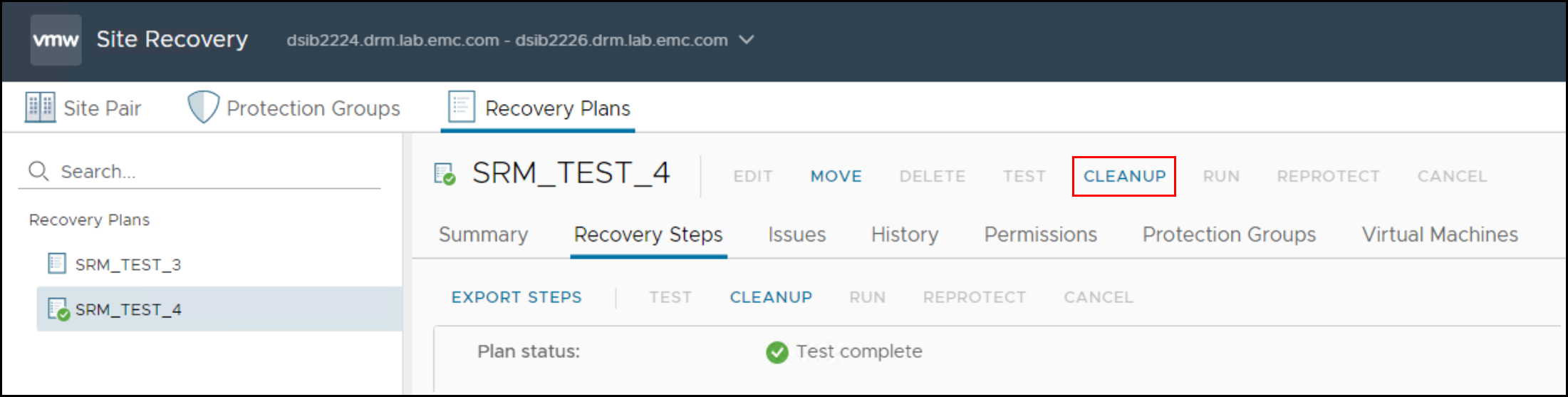 This image shows a screen capture of Initiating a cleanup after a test recovery in SRM.