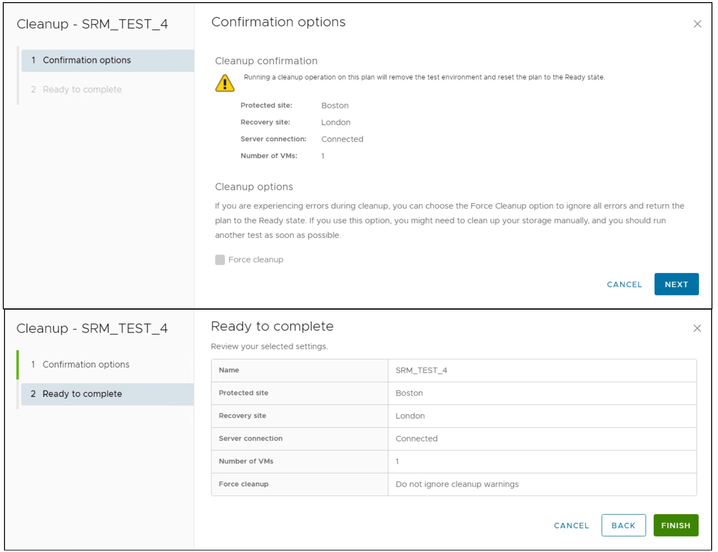 This image shows a screen capture of Cleanup operation confirmation wizard in SRM.