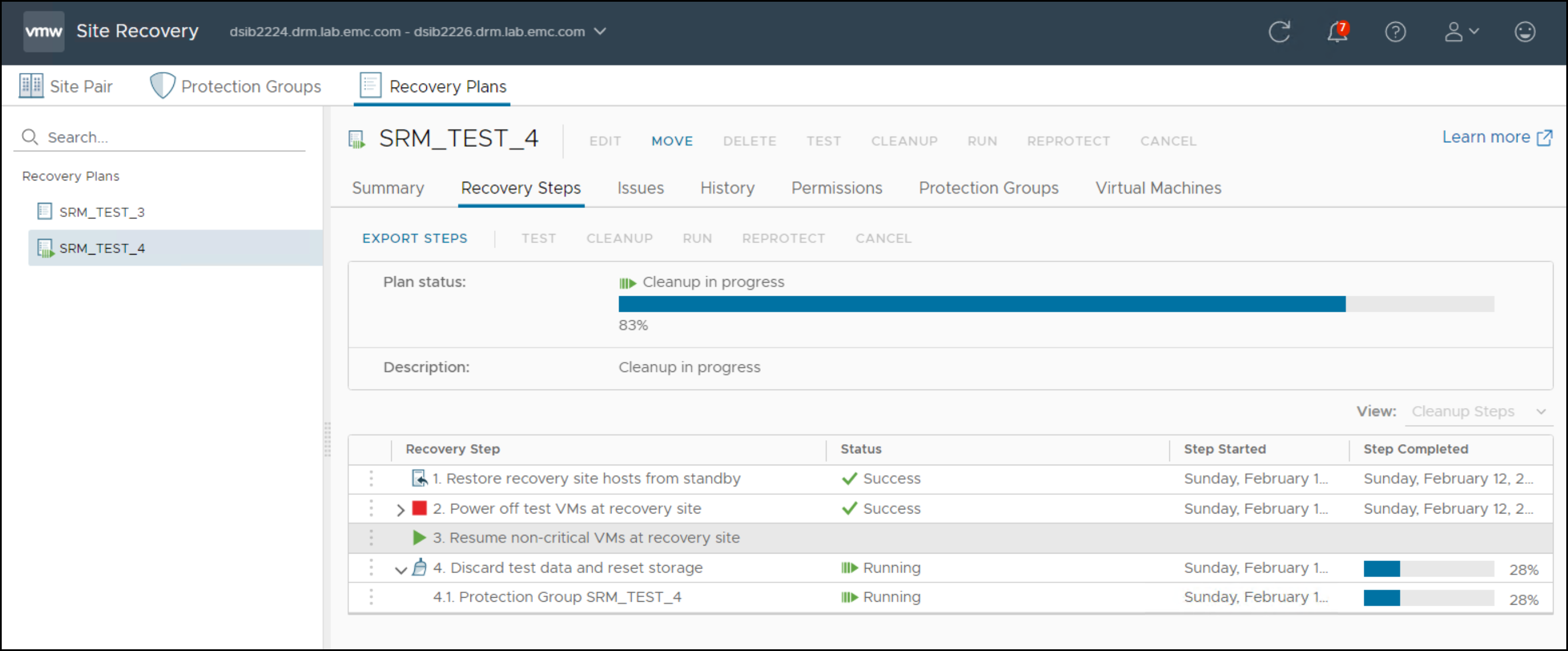 This image shows a screen capture of Cleanup operation steps in SRM.