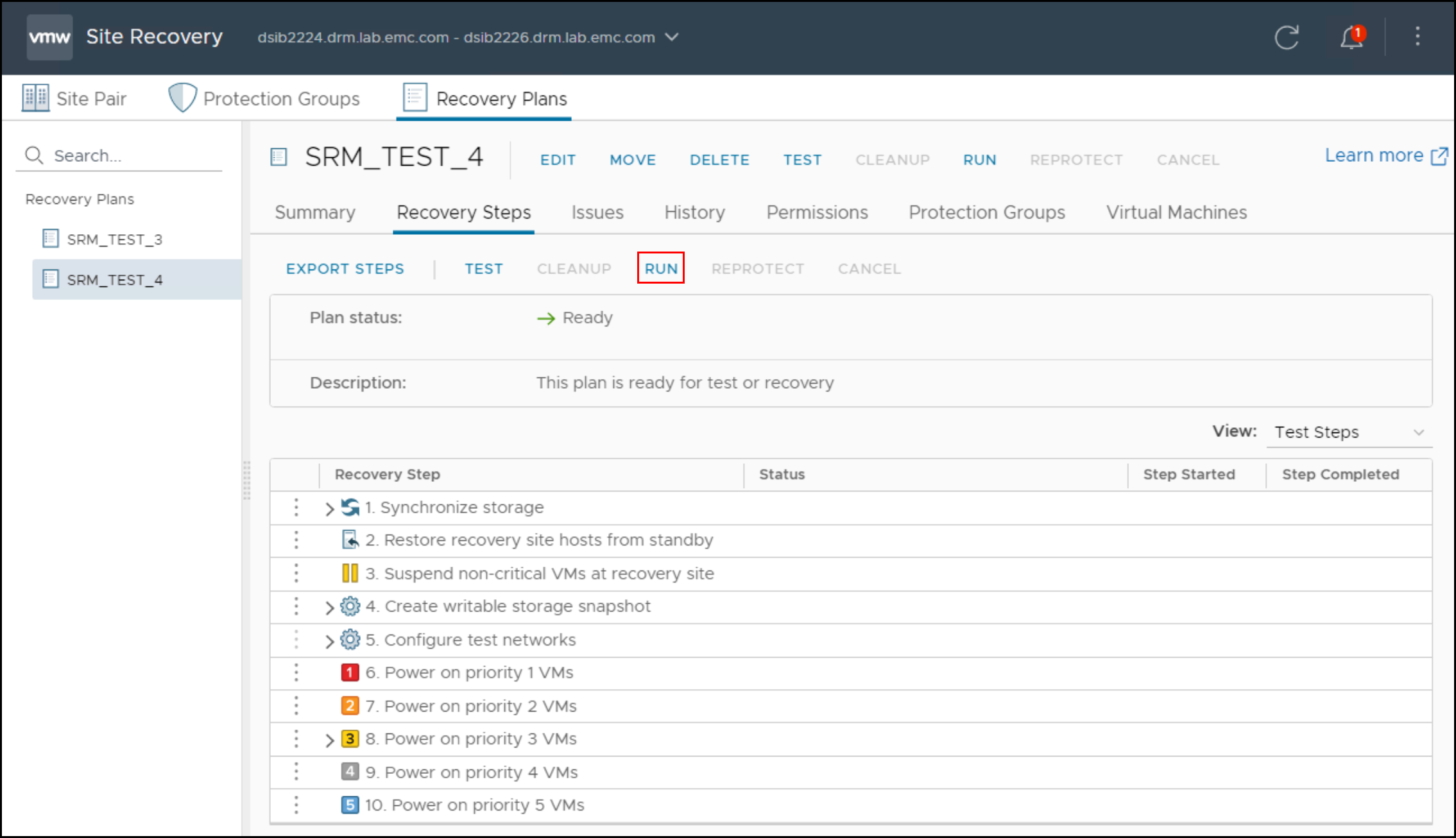 This image shows a screen capture of Initiating a planned migration with SRM.