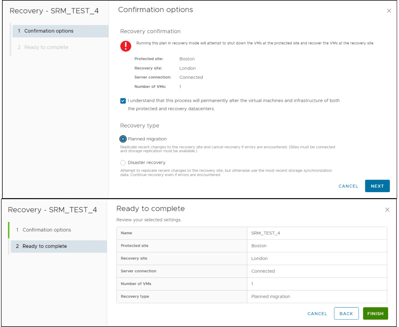 This image shows a screen capture of Recovery operation confirmation wizard in SRM.