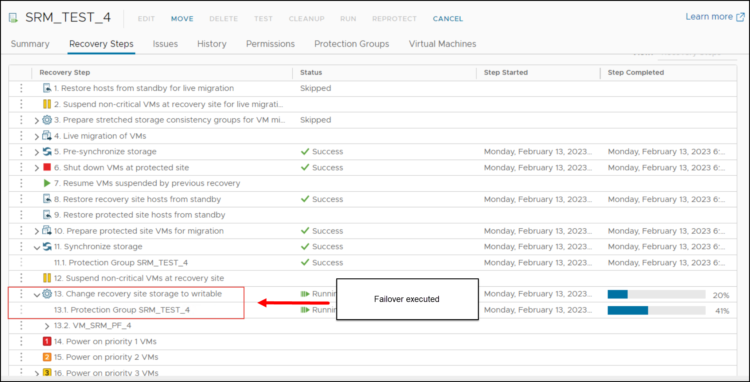 This image shows a screen capture of Steps of a recovery plan in SRM.