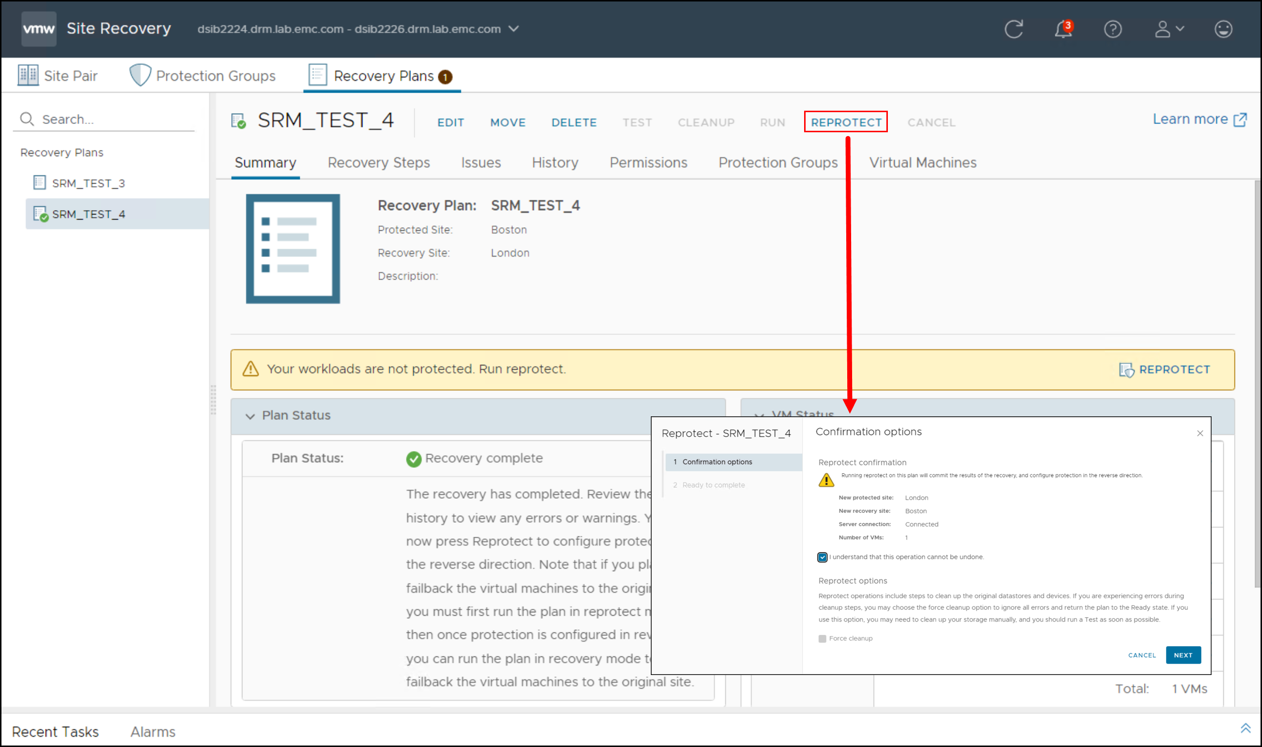 This image shows a screen capture of Performing a reprotect operation in SRM.