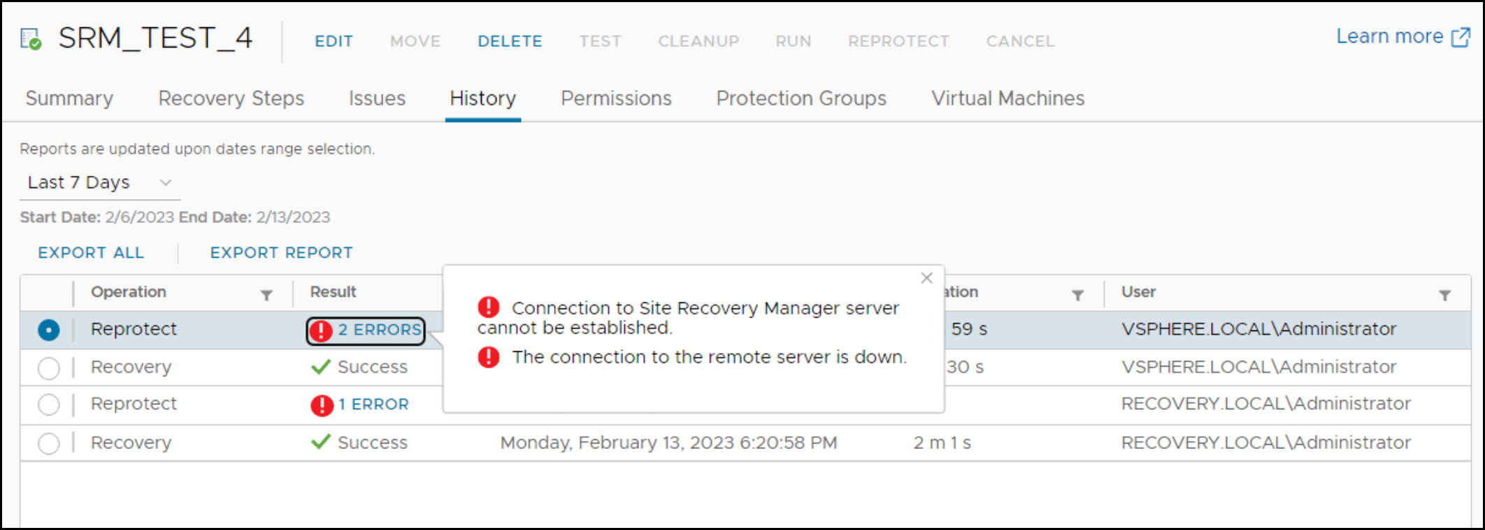 This image shows a screen capture of Reprotect fails with sites disconnected.