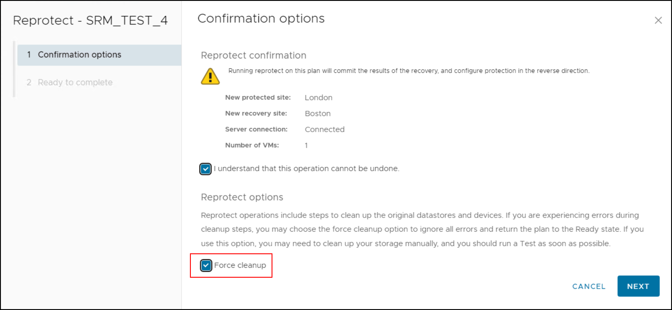 This image shows a screen capture of Forcing a reprotect operation.