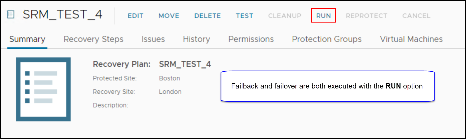 This image shows a screen capture of Performing failback in SRM.