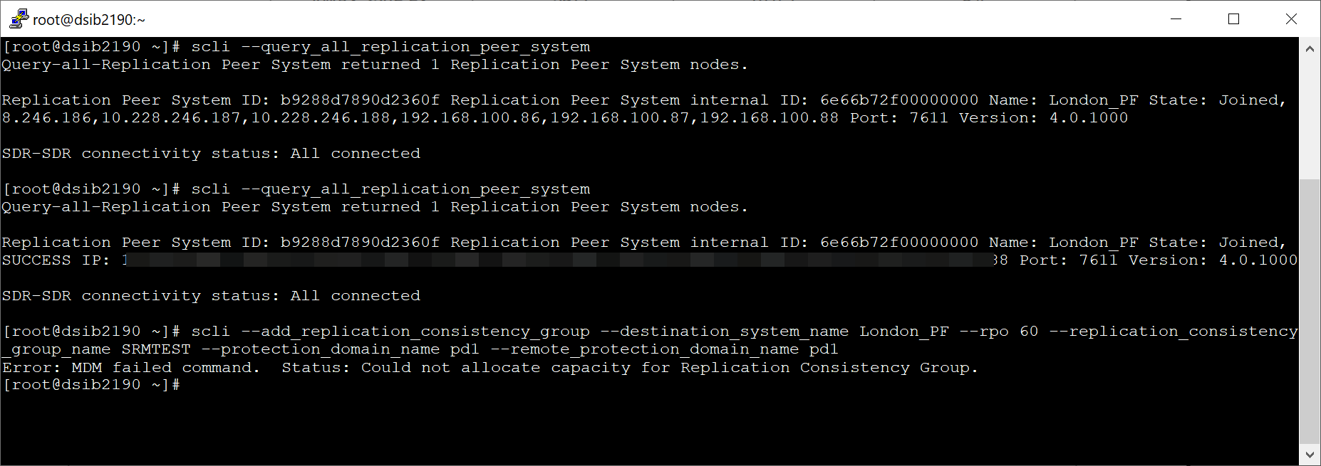 This image shows a screen capture of Insufficient journal capacity for RCG - CLI creation.