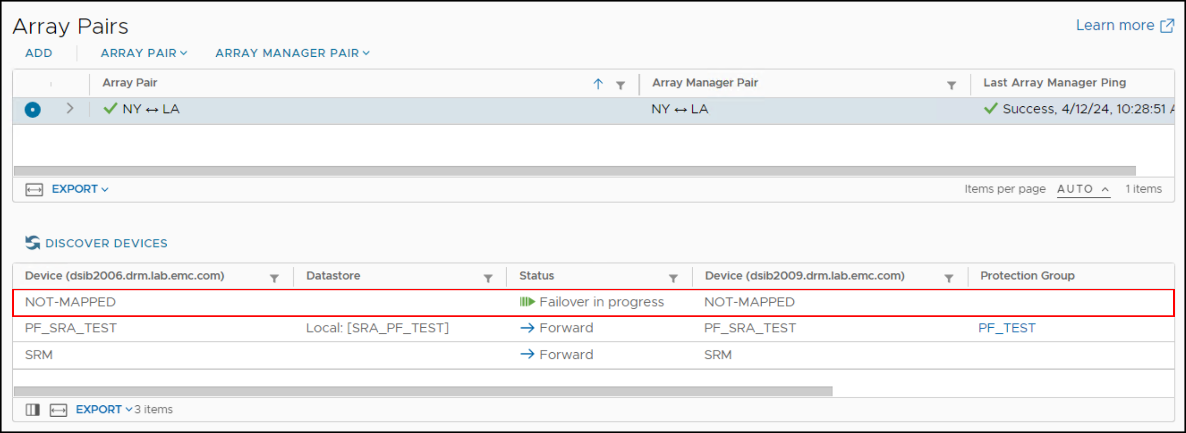 This image shows a screen capture of Device pairs not mapped to ESXi hosts.