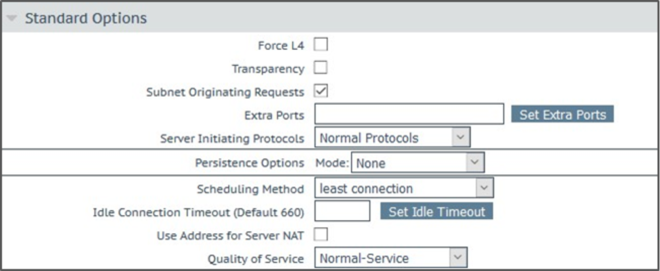Shows a standard virtual service section with Subnet Originating Requests selected and a scheduling method defined as least connection