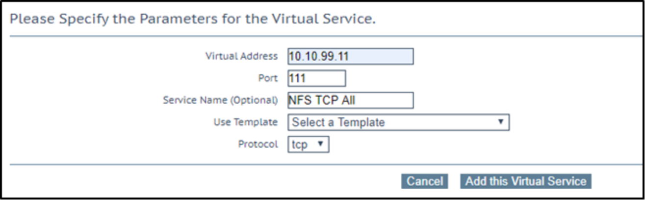A virtual service configured to use port 111 and the tcp protocol.