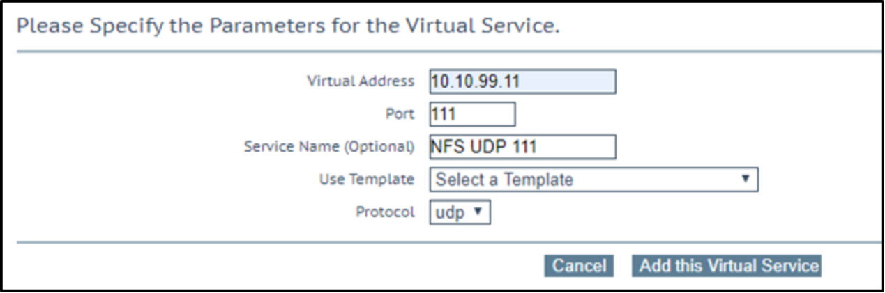A virtual service configured to use port 111 and the udp protocol.