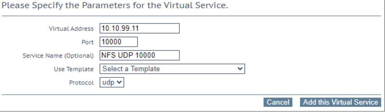 A virtual service configured to use port 10000 and the UDP protocol.