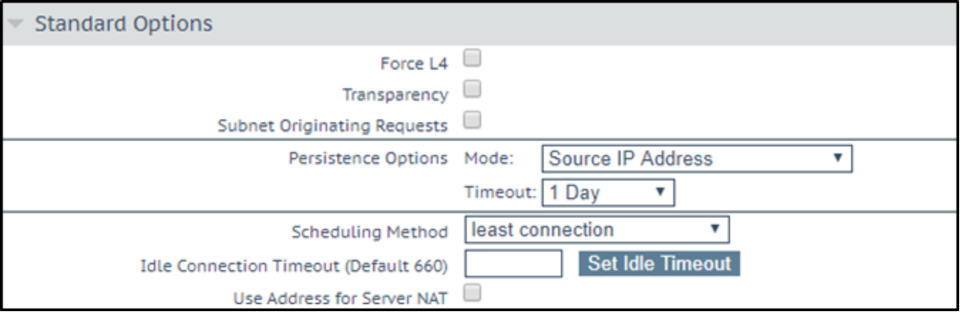 Virtual service standard options that show the persistence option configured as Source IP address, a timeout of 1 day, and the least connection scheduling method