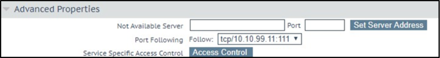 The advanced properties section with the tcp virtual service IP and port to follow