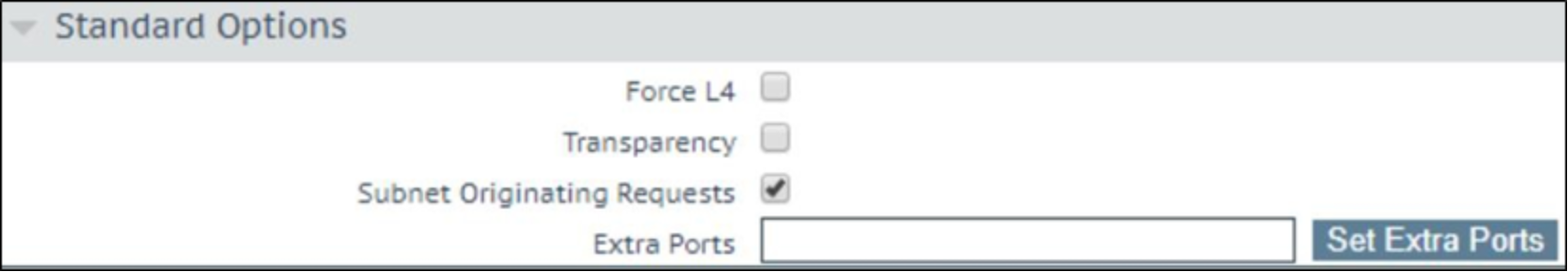 The Standard Options section of a virtual service that shows subnet originating requests enabled