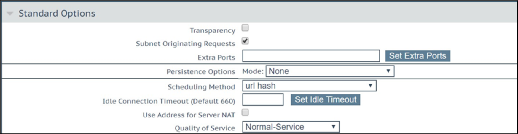 The standard options section of a virtual service shows a persistence option of none, and a scheduling method of url hash