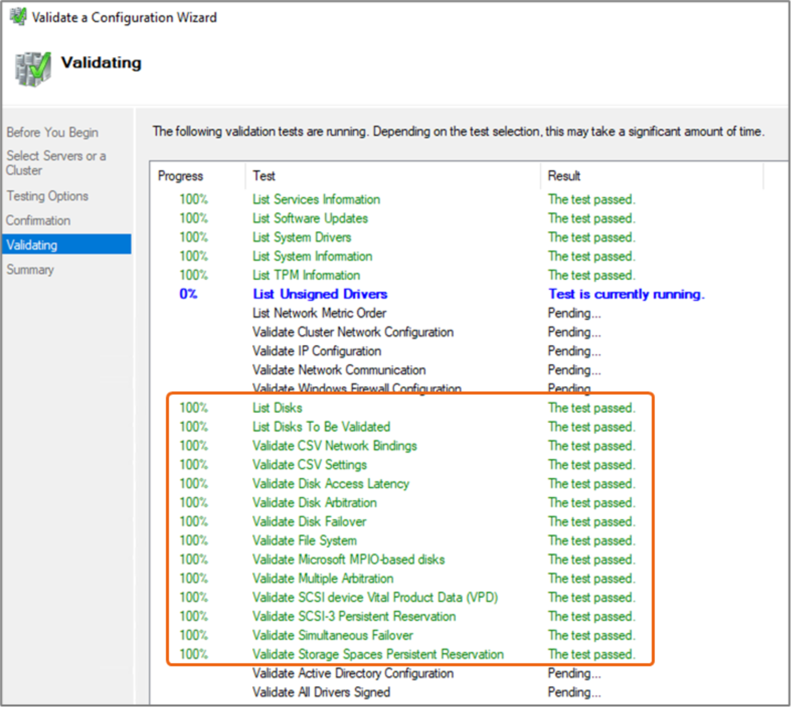 Validating a Configuration Wizard when validating a failover cluster configuration.   