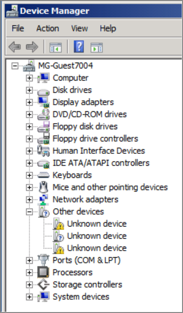 Windows Server Device Manager UI with an expandable tree of devices. Three unknown devices in the tree indicate that integration services might be outdated. 