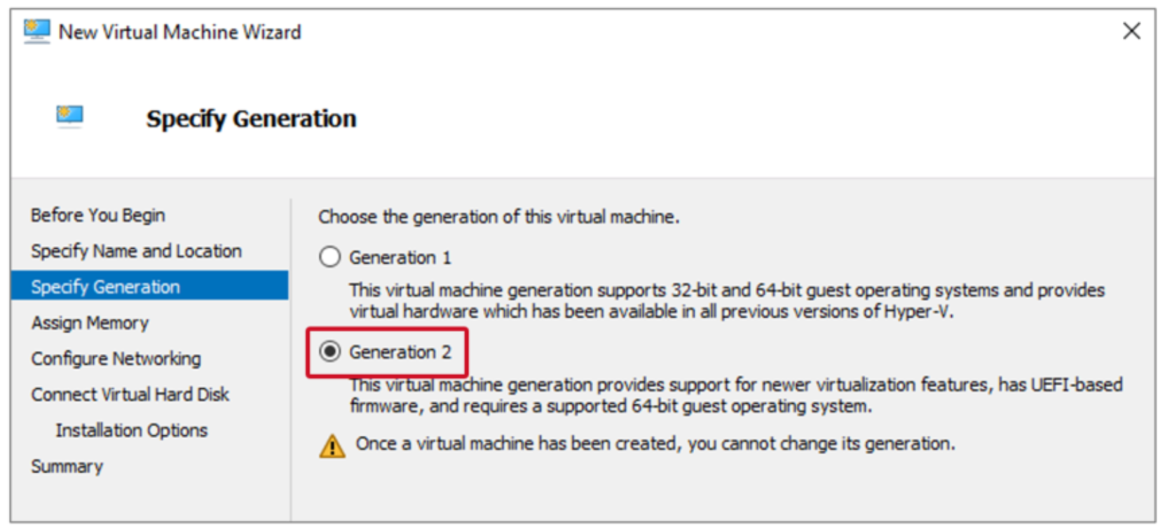 Specify Generation step in the New Virtual Machine Wizard UI. A callout indicates that Generation 2 is the preferred option for a new VM. 