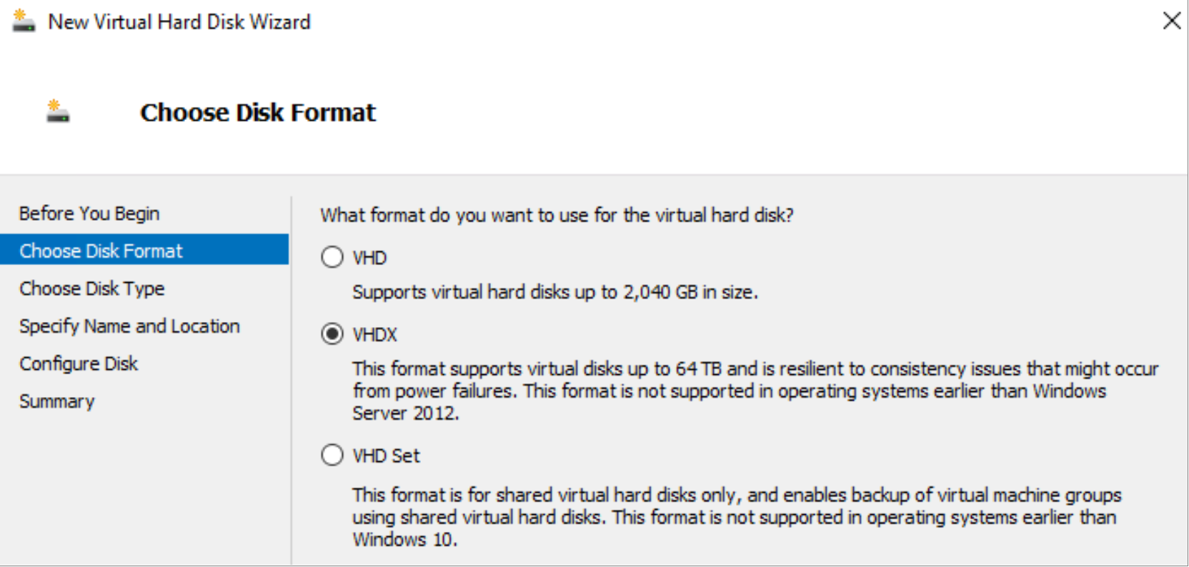 Choose Disk Format step in the New Virtual Hard Disk Wizard UI. The VHDX option is selected.  