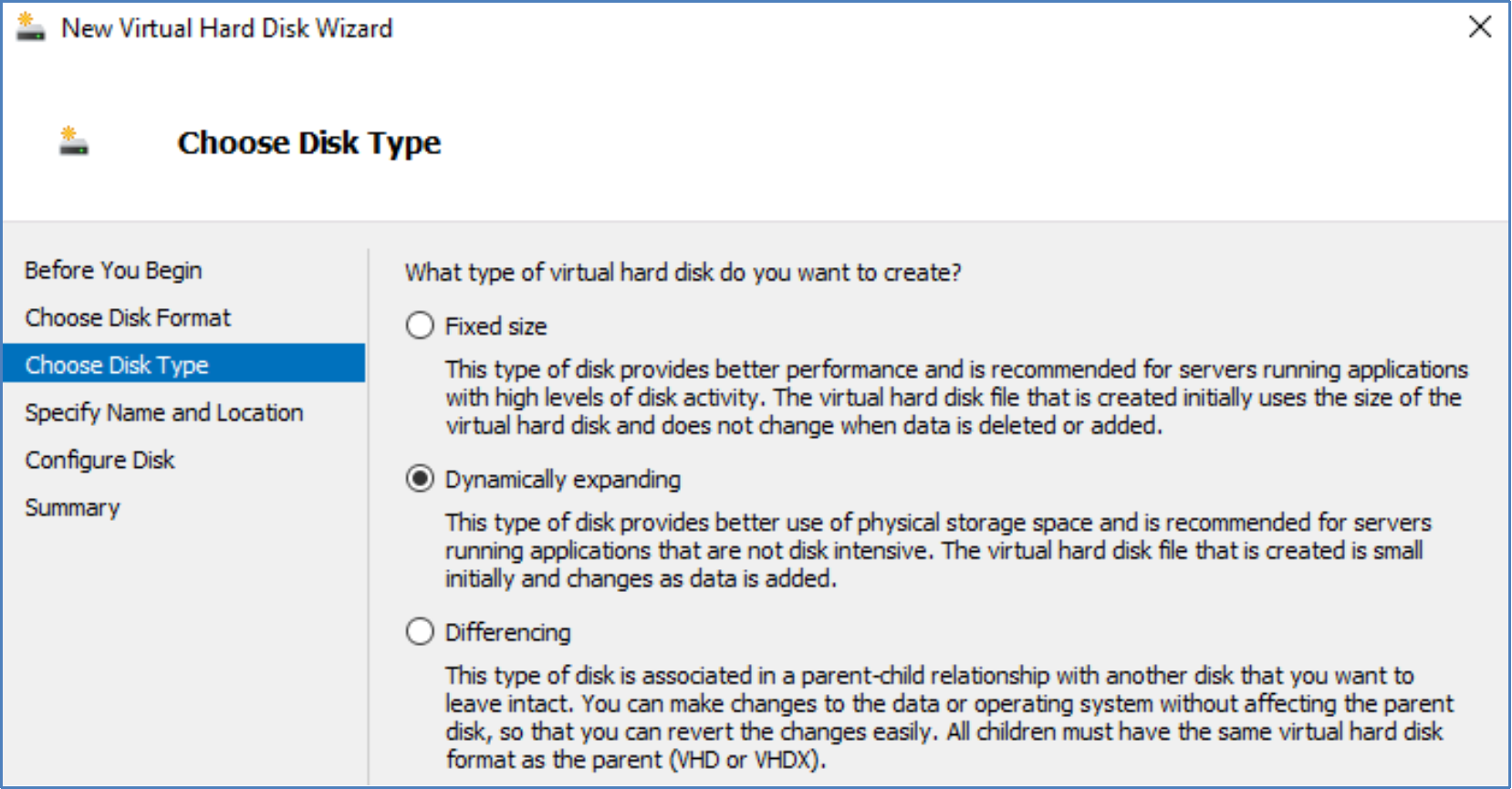 Choose Disk Type step in the New Virtual Hard Disk Wizard UI. The dynamically expanding option is selected.  